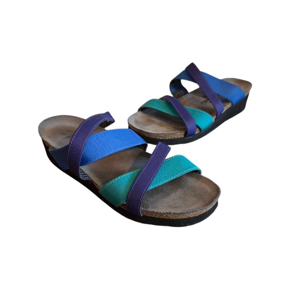 Naot roxana strappy stretch slip on sandal aqua blue purple cork comfort foot 37